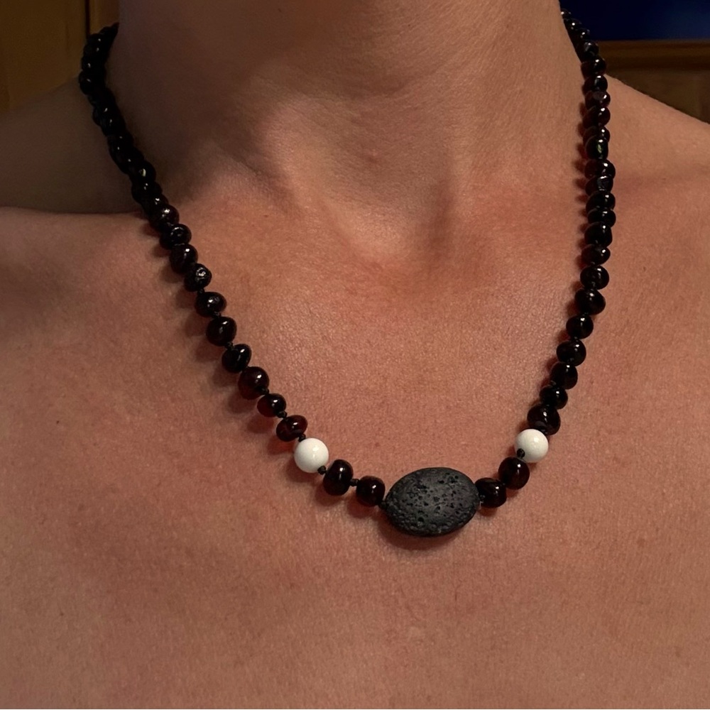 Baltic Amber & Howlite Healing Necklace | 18.5" | Cherry Amber with lava Stone
